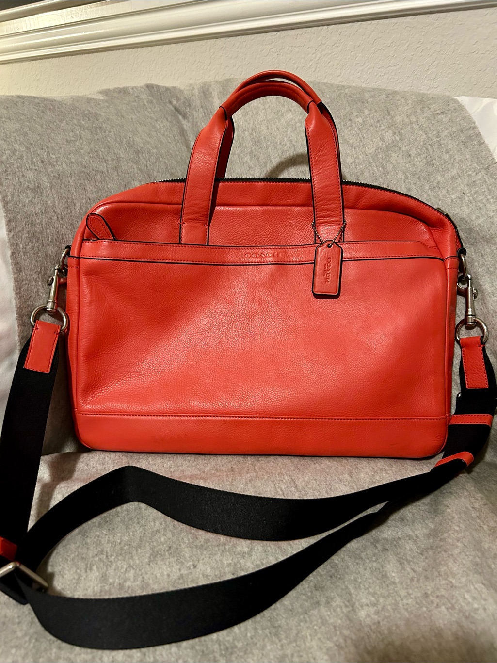 Coach Men Or Women's Bold Salmon Leather Laptop Briefcase With Black Strap